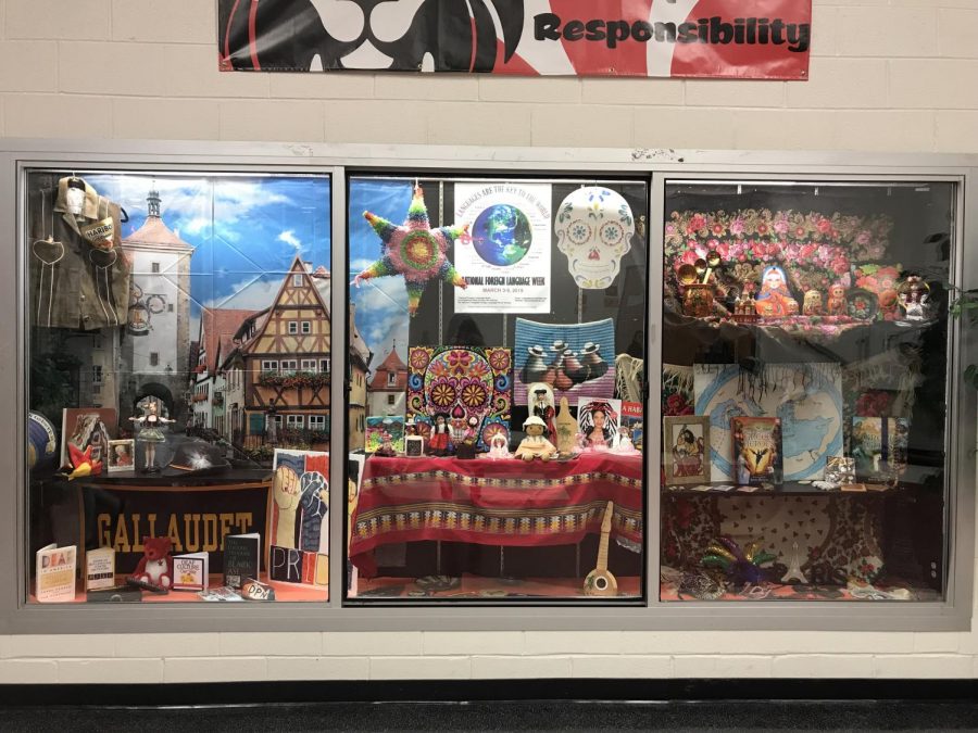 The display case in the main hallway has a collision of cultures for World Languages & Cultures Week