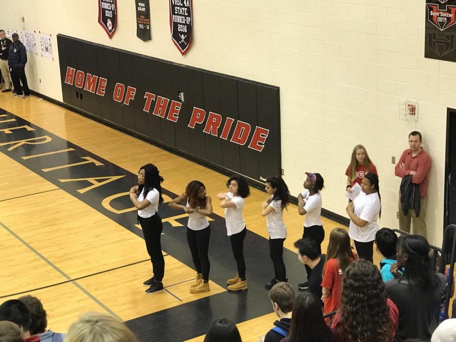 The Heritage step team lining up for a performance during the pep rally.