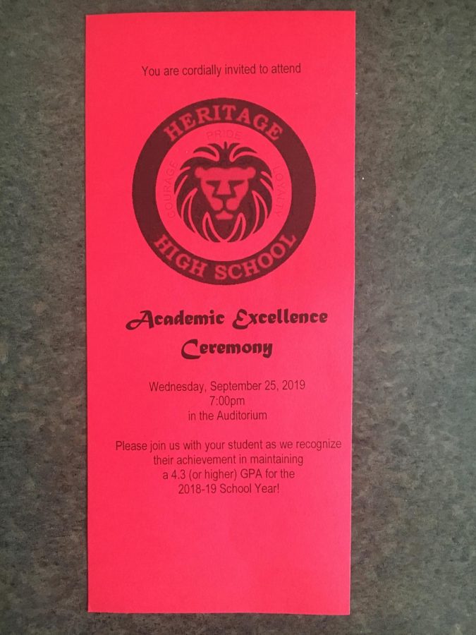 The Acceptance letter to the Academic Excellence Ceremony at Heritage High School.