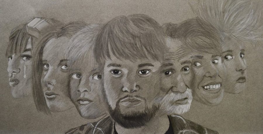 A drawing of a person with several heads next to them depicting DID.